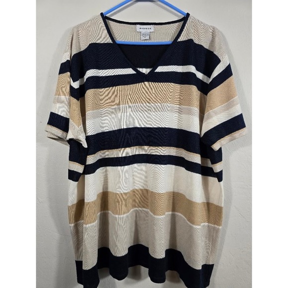 Avenue Striped Knit Top V-Neck Short Sleeve Casual Beige Black Size‎ 26/28 - Picture 1 of 5